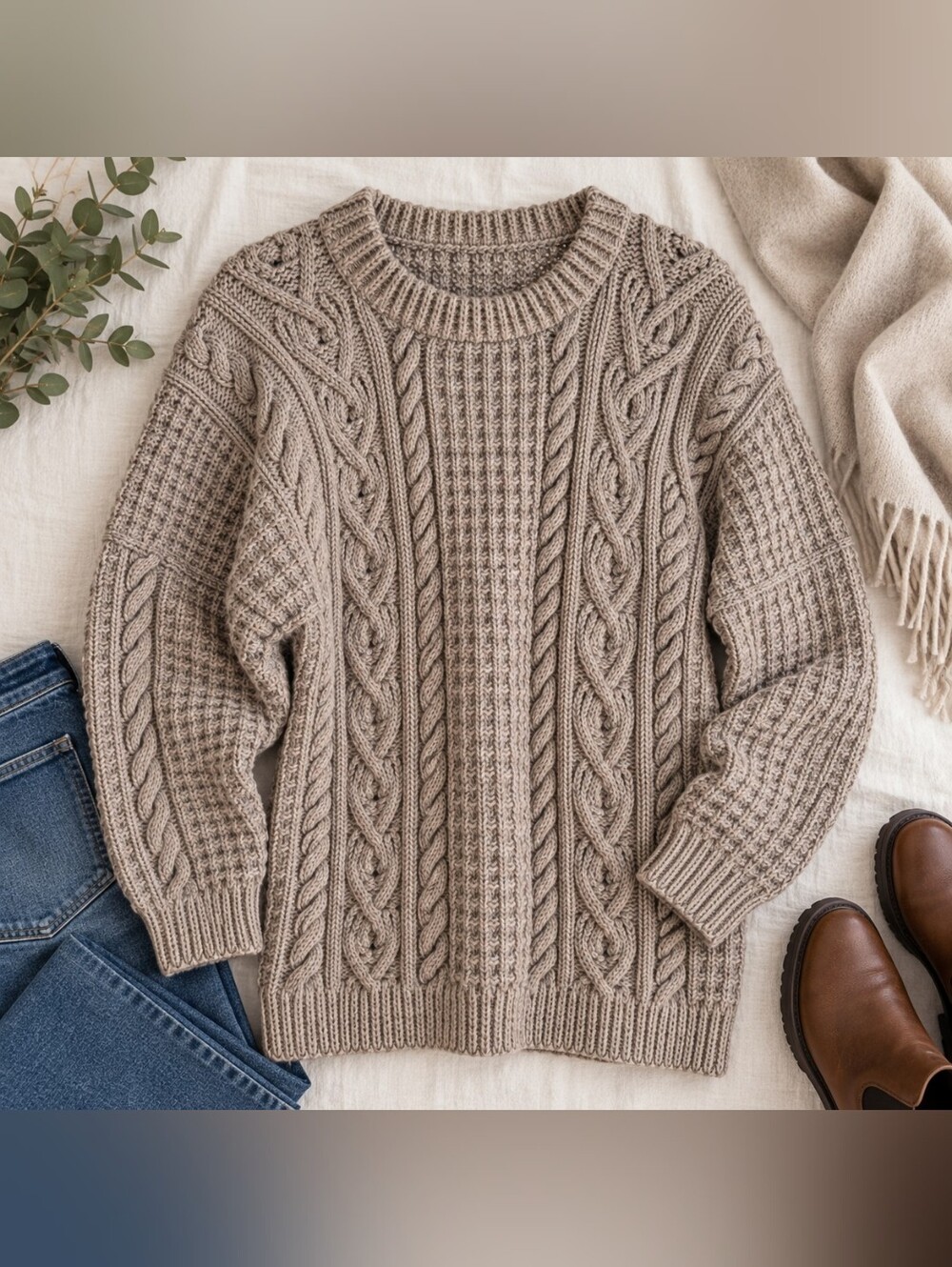Handmade Chunky Cable Knit Fisherman Sweater Taupe Oversized